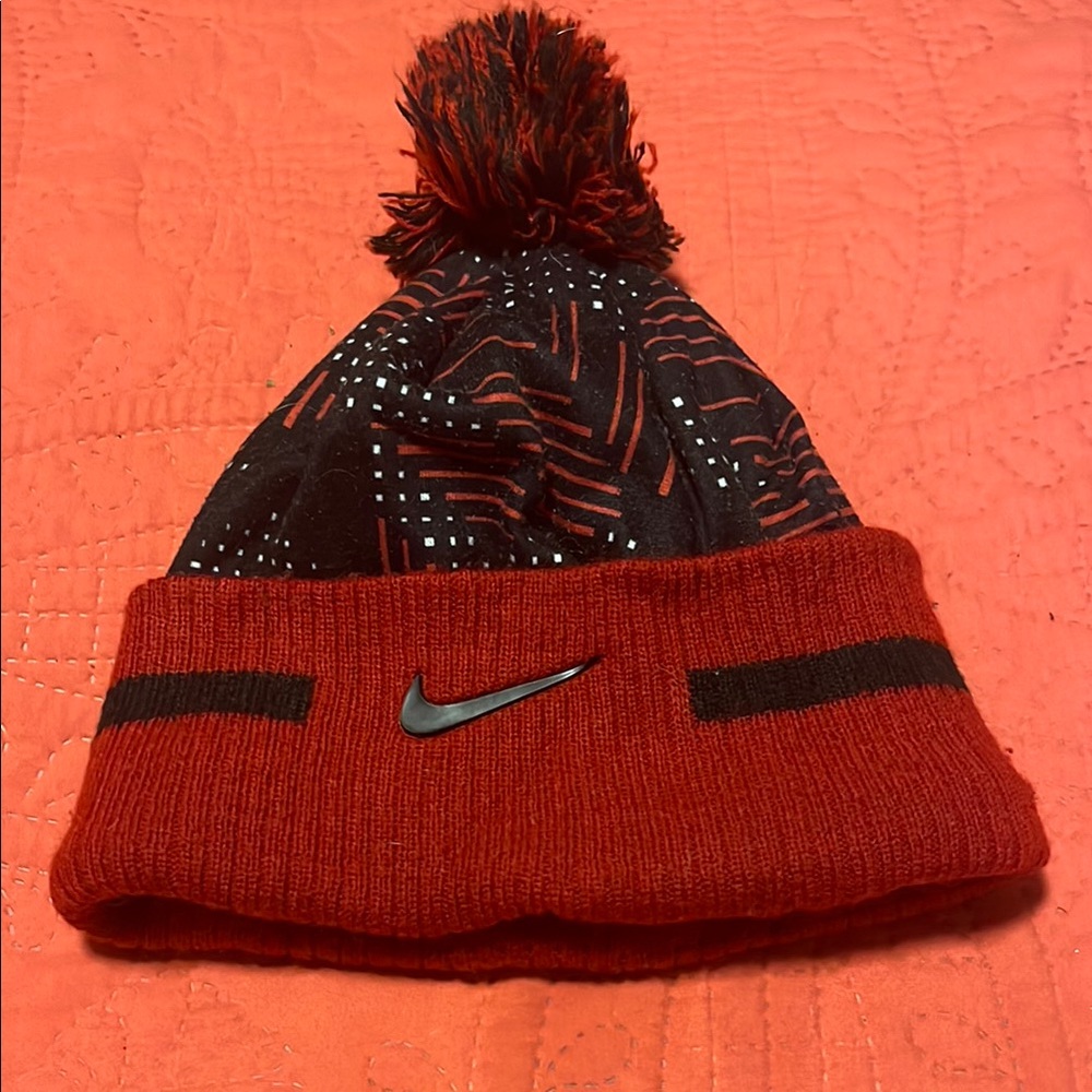 Nike Red and Black Geometric Pom-Pom Hat